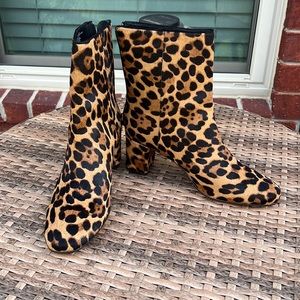 J Crew Sadie Womens Brown Ankle Boot Size 8M Leopard Print Calf Hair Pointed Toe